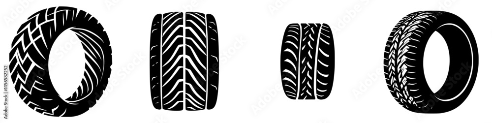 Vector illustration of various tire designs in black and white showcasing different tread patterns and styles Vector illustration of various tire designs in black and white showcasing different tread patterns and styles