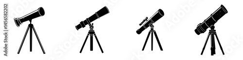 Vector illustration of four black and white telescope icons suitable for astronomy themes and educational materials