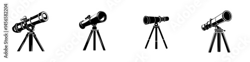 Vector illustration of black and white telescope icons displayed in various angles and positions for clear viewing