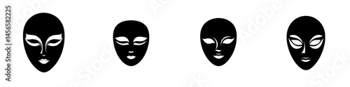 Black and white vector illustration of four different alien face designs showcasing unique features and expressions