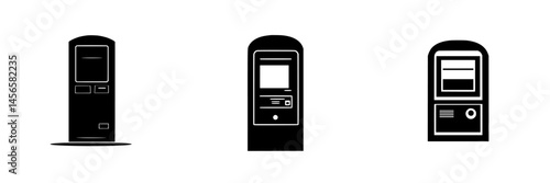 Vector illustration of three black and white kiosk designs for various uses in public spaces