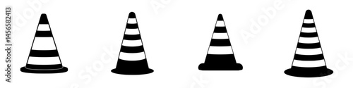 Vector illustration of black and white traffic cones in various styles for design and signage purposes
