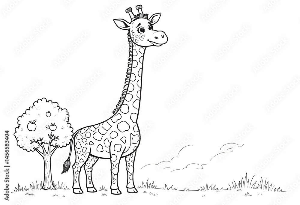 Tall giraffe with a friendly smile, standing near a small tree, simplified and clean line art for toddler coloring activities Tall giraffe with a friendly smile, standing near a small tree, simplified and clean line art for toddler coloring activities