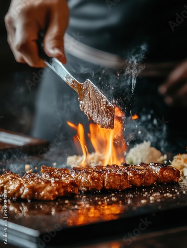 Close-up of chef cooking teppanyaki steak with flames and smoke, using spatula, food preparation, restaurant setting