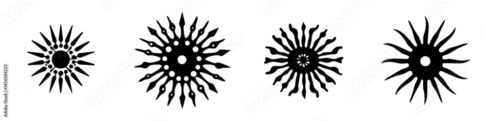 Vector illustration of four distinct black and white sunburst designs showcasing unique radiating patterns and shapes Vector illustration of four distinct black and white sunburst designs showcasing unique radiating patterns and shapes