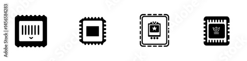 Vector illustration of computer chip icons showcasing various designs and styles in black and white color scheme for technology themes