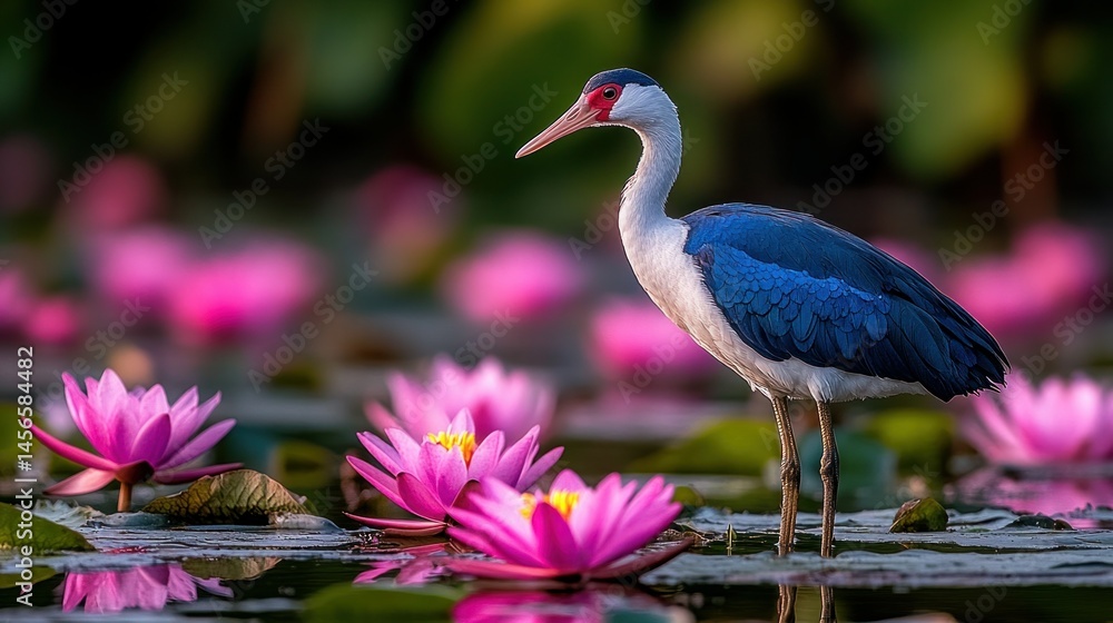 Naklejka premium Bird amidst pink lotus blossoms