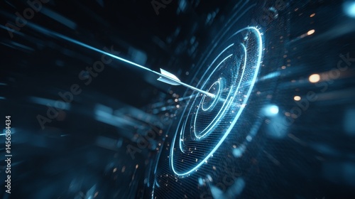A futuristic low poly wireframe illustration on a modern blue technology background, featuring an abstract digital target with an arrow at its center, symbolizing a growth strategy or financial goal