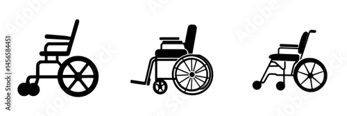 Vector illustration of black and white wheelchair icons showing different designs and features for mobility assistance