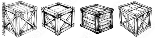 Wooden crates in vector illustration showcasing various angles and designs for storage and transport purposes