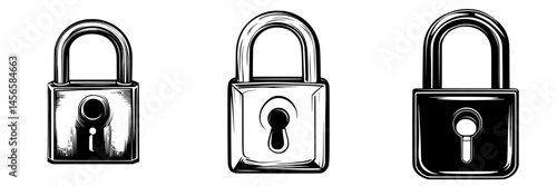 Vector illustration of three different padlock designs showcasing security elements and varying styles