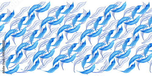 Watercolor seamless pattern with dark blue-blue stylized acanthus leaves and graphic elements