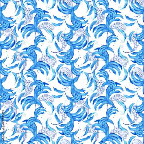 Watercolor seamless pattern with dark blue-blue stylized acanthus leaves and graphic elements