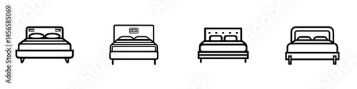Diverse designs of beds illustrated with simple lines showcasing various styles and features of modern bedroom furniture