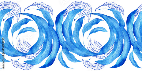 Watercolor seamless pattern with dark blue-blue stylized acanthus leaves and graphic elements