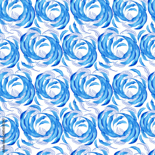 Watercolor seamless pattern with dark blue-blue stylized acanthus leaves and graphic elements