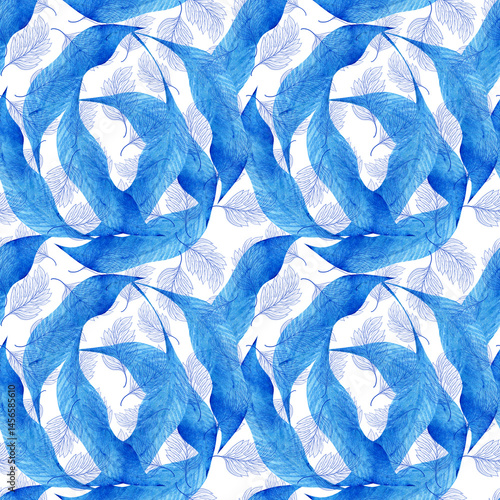 Watercolor seamless pattern with dark blue-blue stylized acanthus leaves and graphic elements