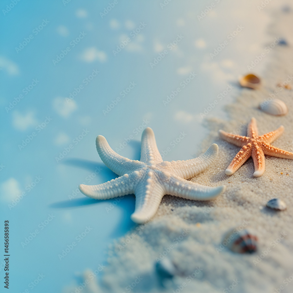 A serene National Starfish Day background featuring a starfish gently resting on a sandy beach with a clear blue sky, macro shot, Minimalist style A serene National Starfish Day background featuring a starfish gently resting on a sandy beach with a clear blue sky, macro shot, Minimalist style