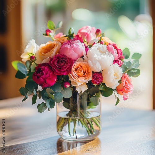 Vibrant Floral Arrangement in a Glass Vase on Wooden Table  
