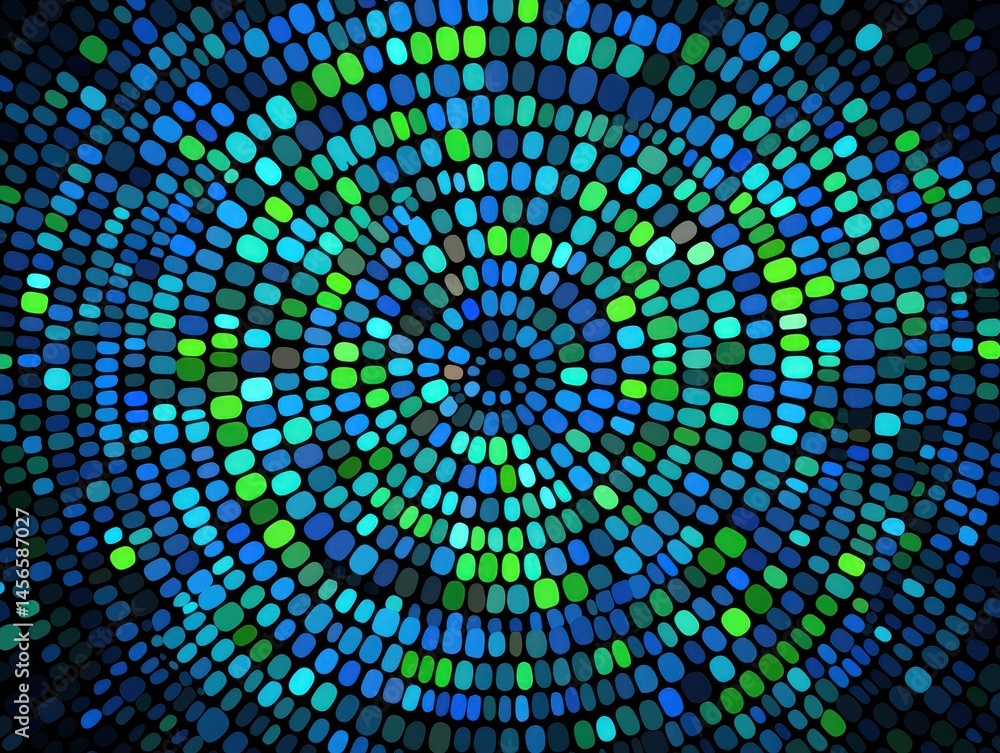 Vibrant Circular Patterns of Blue and Green Dots on Dark Background Vibrant Circular Patterns of Blue and Green Dots on Dark Background