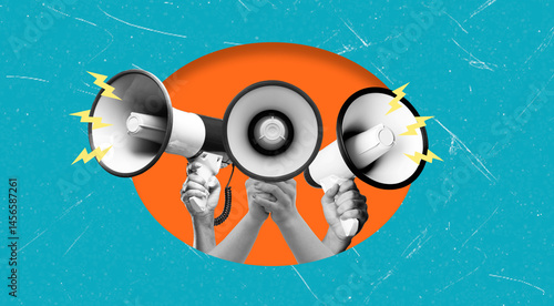 Voices amplified with megaphones during a vibrant rally promoting community engagement and activism in a bright urban setting