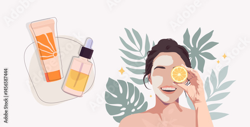 Vector illustration of a woman relaxing with a face sheet mask and skincare sachets on the side. Ideal for beauty, facial treatment, wellness spa, self-care, and natural skincare product promotions