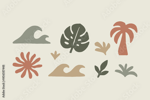 Tropical leaves waves sun silhouette naive cutout vector