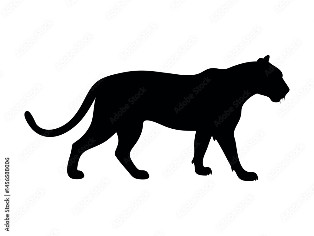 Obraz premium Striking Silhouette of a Panther in Profile, Walking Wildcat, Panther, Powerful Panther Silhouette, Perfect for Wildlife Design, panther, silhouette, wildlife, animal, cat, predator, jungle, savanna, 