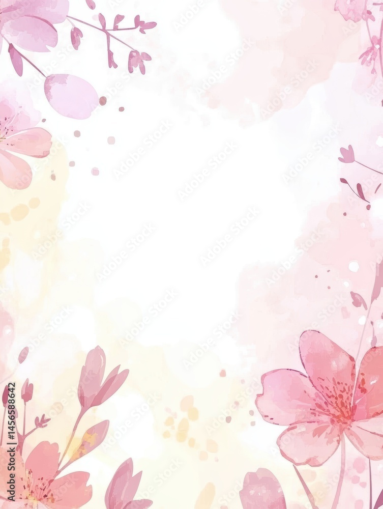 Fototapeta premium Watercolor floral frame background with pink flowers and branches for invitations and cards design element