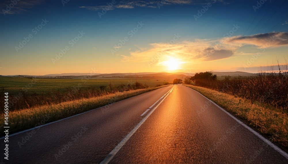Fototapeta premium pov of a driver on a sunset rural road