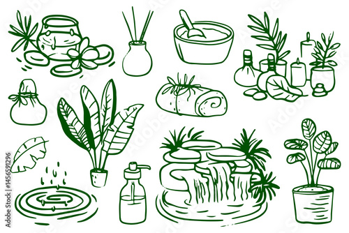 Collection of vector icons related to spa, wellness, and aromatherapy. Features symbols of massage, skincare, meditation, and herbal treatments. Ideal for health and beauty design projects.