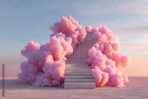 A fantastical realm of cotton candy-like pink clouds and a white staircase representing progression or betterment in an unreal or mystical world