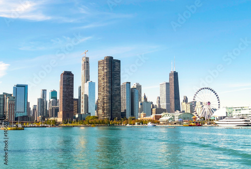 Chicago city lakeshore with high-rises and the Navy Pier