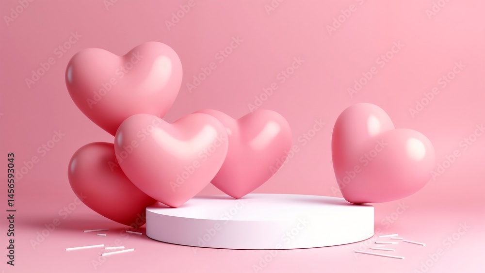A group of pink heart shaped balloons on a white pedestal. A group of pink heart shaped balloons on a white pedestal.