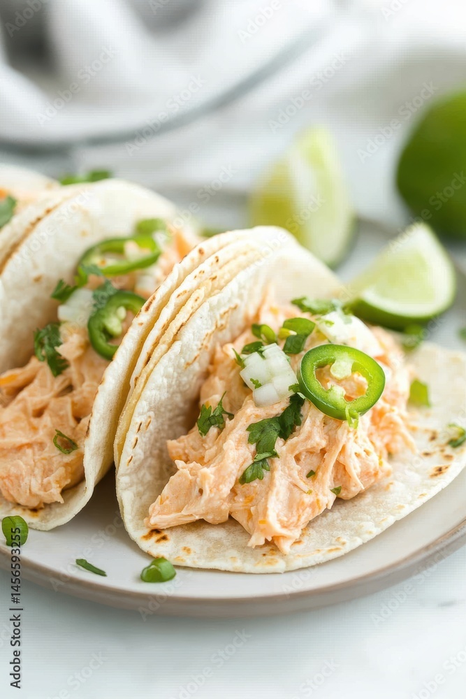 Close up of Spicy Chicken Tacos with Jalapenos and Lime Wedges on Plate, Overhead Angle, Food Photography, Culinary Still Life, Delicious Meal, Restaurant Close up of Spicy Chicken Tacos with Jalapenos and Lime Wedges on Plate, Overhead Angle, Food Photography, Culinary Still Life, Delicious Meal, Restaurant