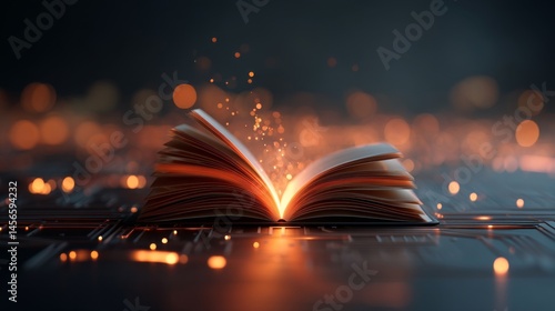 An open book transforming its pages into digital streams signifies the fusion of technology and learning in AI-powered educational resources