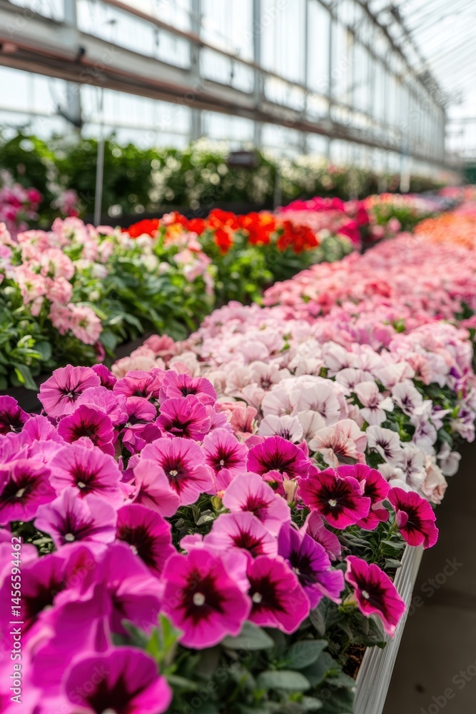 Obraz premium Colorful Petunia Display in Greenhouse Close Up Shot of Abundant Blooms in Rows Horticulture