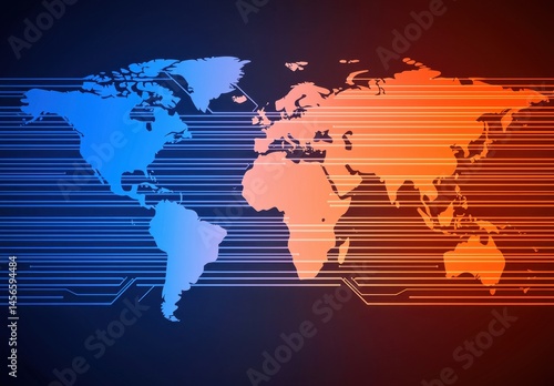 Fototapeta Naklejka Na Ścianę i Meble -  Abstract world map design with blue and orange gradient background