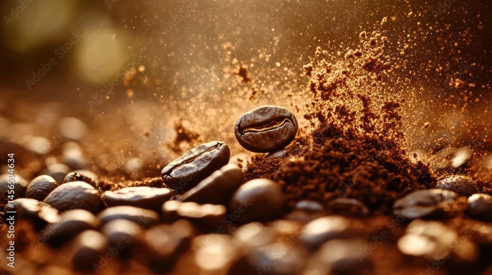 Aromatic coffee beans and ground coffee explosion in warm light for a perfect morning beverage Aromatic coffee beans and ground coffee explosion in warm light for a perfect morning beverage
