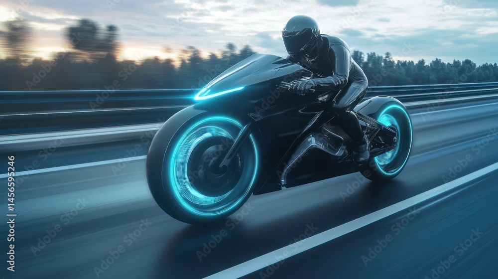 Obraz premium Futuristic motorcycle racing on highway. A sleek, black electric motorcycle with glowing neon wheels is speeding down a highway at sunset. A rider in dark gear is positioned aggressively on the bike.
