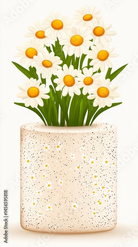 Podium chamomile skincare. A bouquet of white daisies with yellow centers arranged in a speckled, beige ceramic vase.