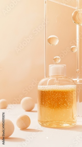 Podium chamomile skincare. A clear bottle of golden liquid with bubbles, surrounded by round beige objects and glass elements on a soft beige background.