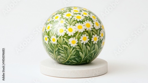 Podium chamomile skincare. A decorative sphere adorned with white daisies and green leaves, placed on a round white stand against a plain background.