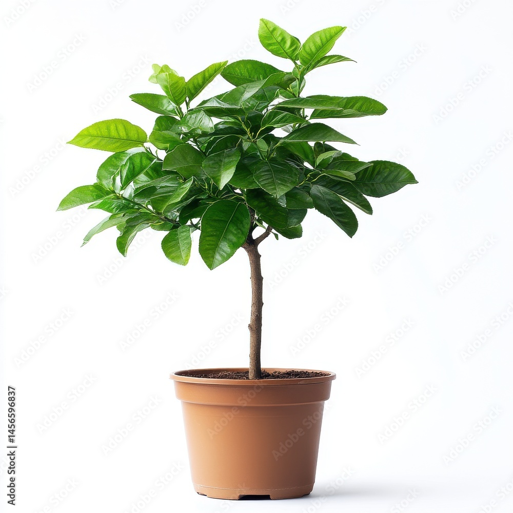 Fototapeta premium Small Potted Plant with Lush Green Foliage on White Background