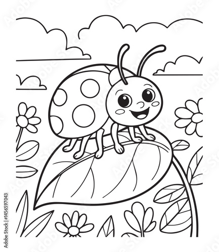 Cute bug on leaf in natural background black line art vector illustration for coloring page design for kids