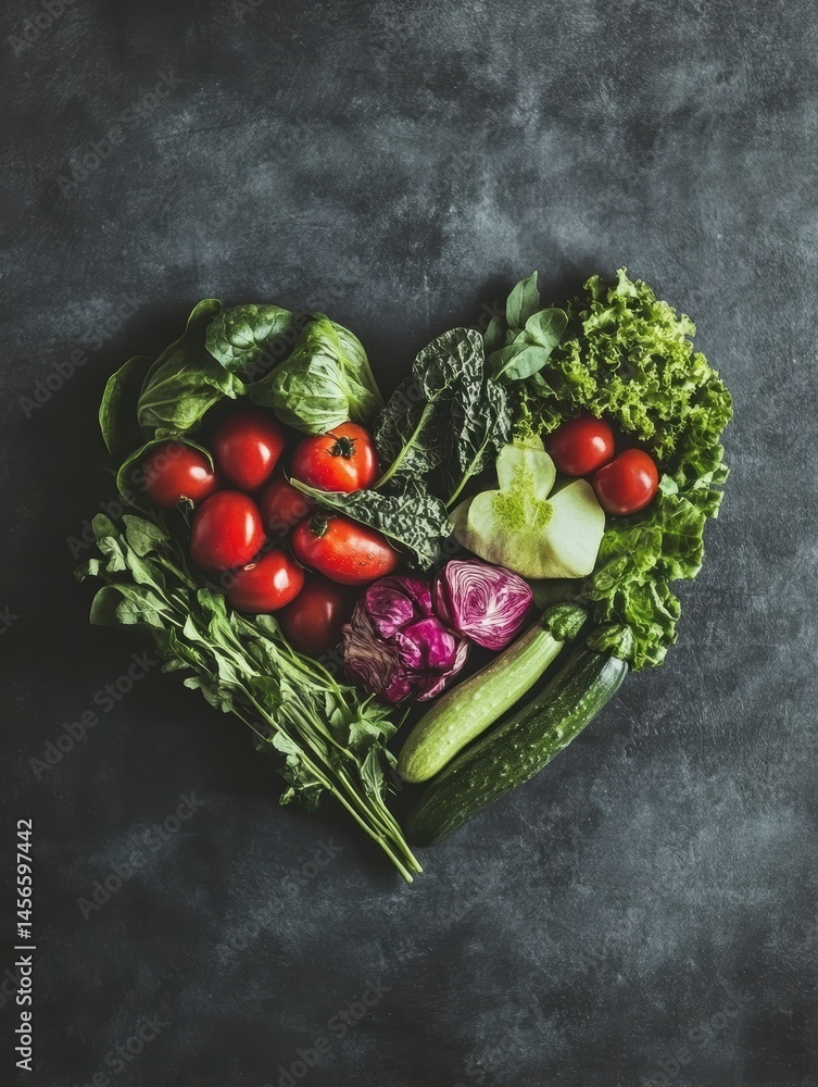 Heart Shape Made of Fresh Vegetables Flat Lay on Dark Background Healthy Eating Concept Top View Heart Shape Made of Fresh Vegetables Flat Lay on Dark Background Healthy Eating Concept Top View