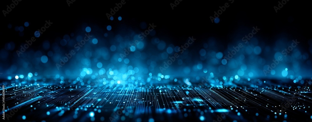 Obraz premium A digital network circuit board forms the backdrop of an abstract banner, illuminated by a radiant glow and interconnected data points in shades of blue and black, symbolizing big data technology
