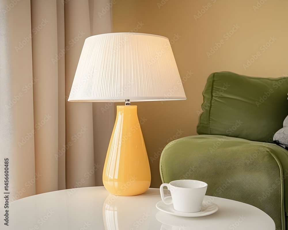 A yellow table lamp with a white shade sits on a round white table next to an olive green sofa. A white teacup and saucer rest beside it A yellow table lamp with a white shade sits on a round white table next to an olive green sofa. A white teacup and saucer rest beside it