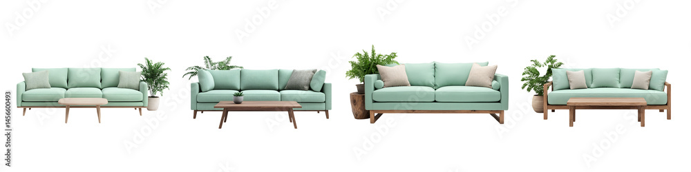 Fototapeta premium Elegant modern living room with mint green sofas and natural decor.