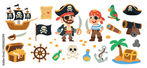 A collection of pirate-themed images, including a pirate ship, a pirate, a parrot, and a pirate's treasure chest
